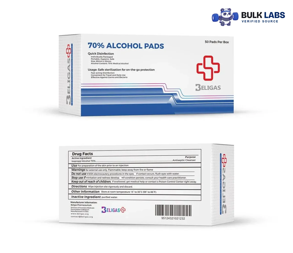 Beligas 70% Alcohol Pads 50 pcs (70% Isopropyl Alcohol Swabs) 50 pieces
